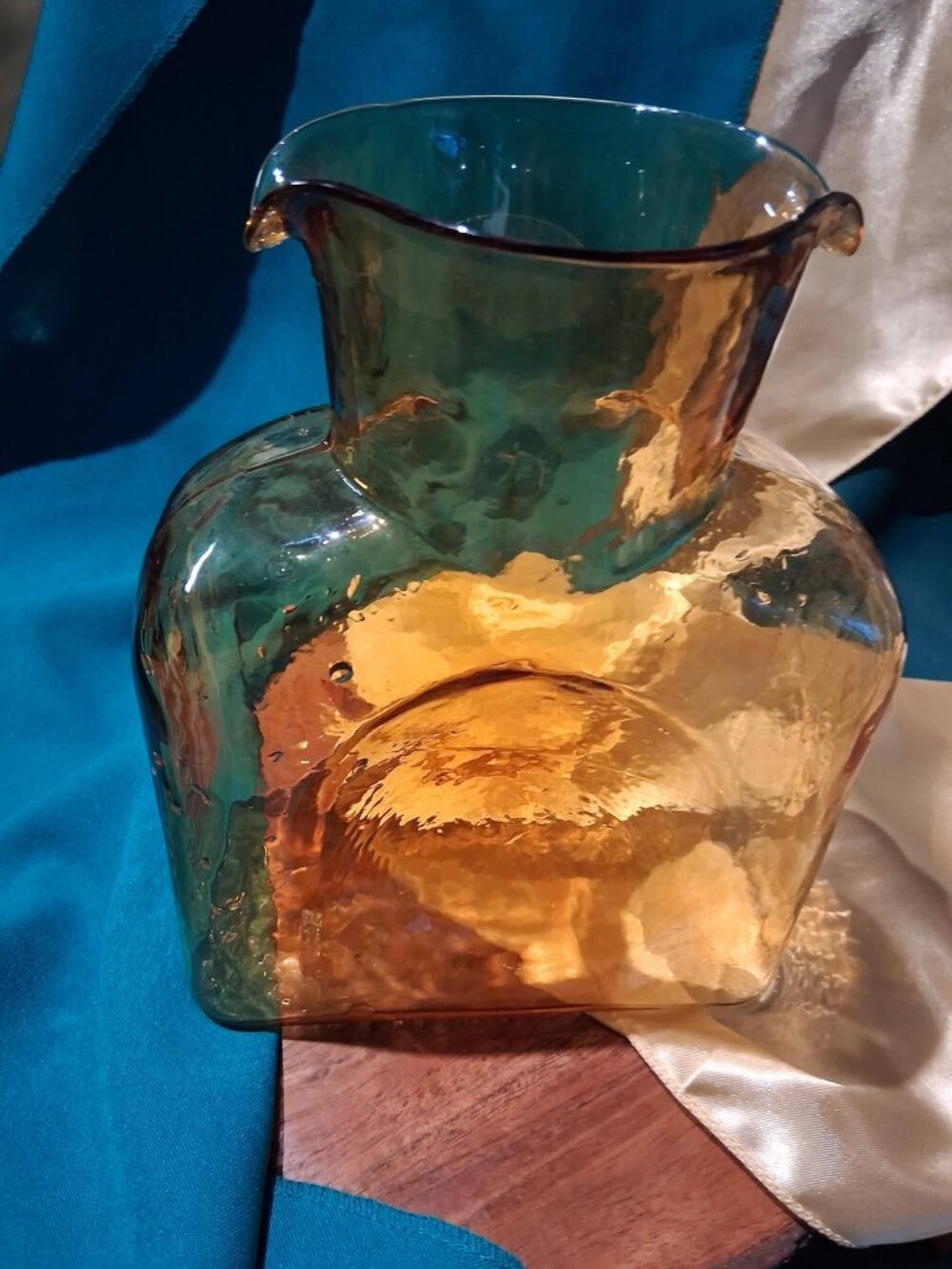 MCM Blenko Amber Glass Water Pitcher Carafe Model 384 Original Sticker Hand Blow